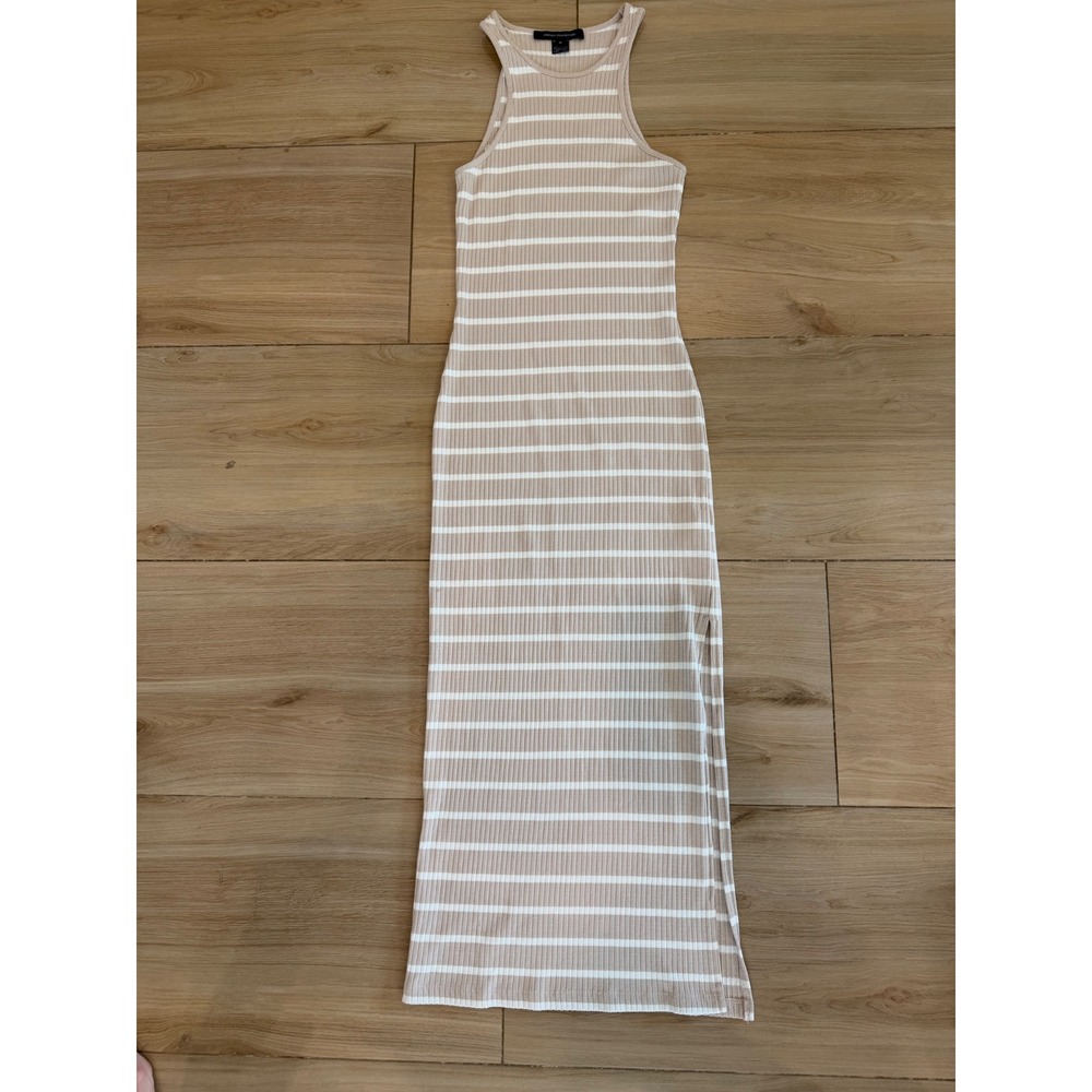 French Connection Tan White Striped Ribbed Knit Sleeveless Maxi Dress Slit M - Picture 1 of 5
